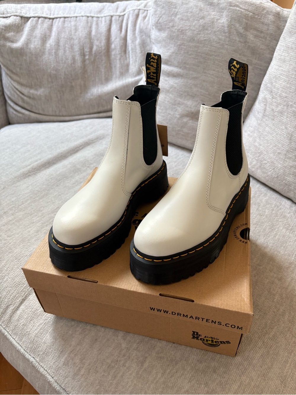 Dr. Martens White Platform Lace-Up Chelsea Boots with Black Sole